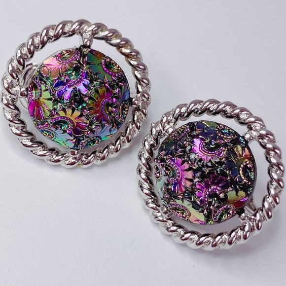 VTG 1960s Signed Sarah Coventry Northern Lights Glass Cabochon Clip On Earrings - Picture 5 of 10